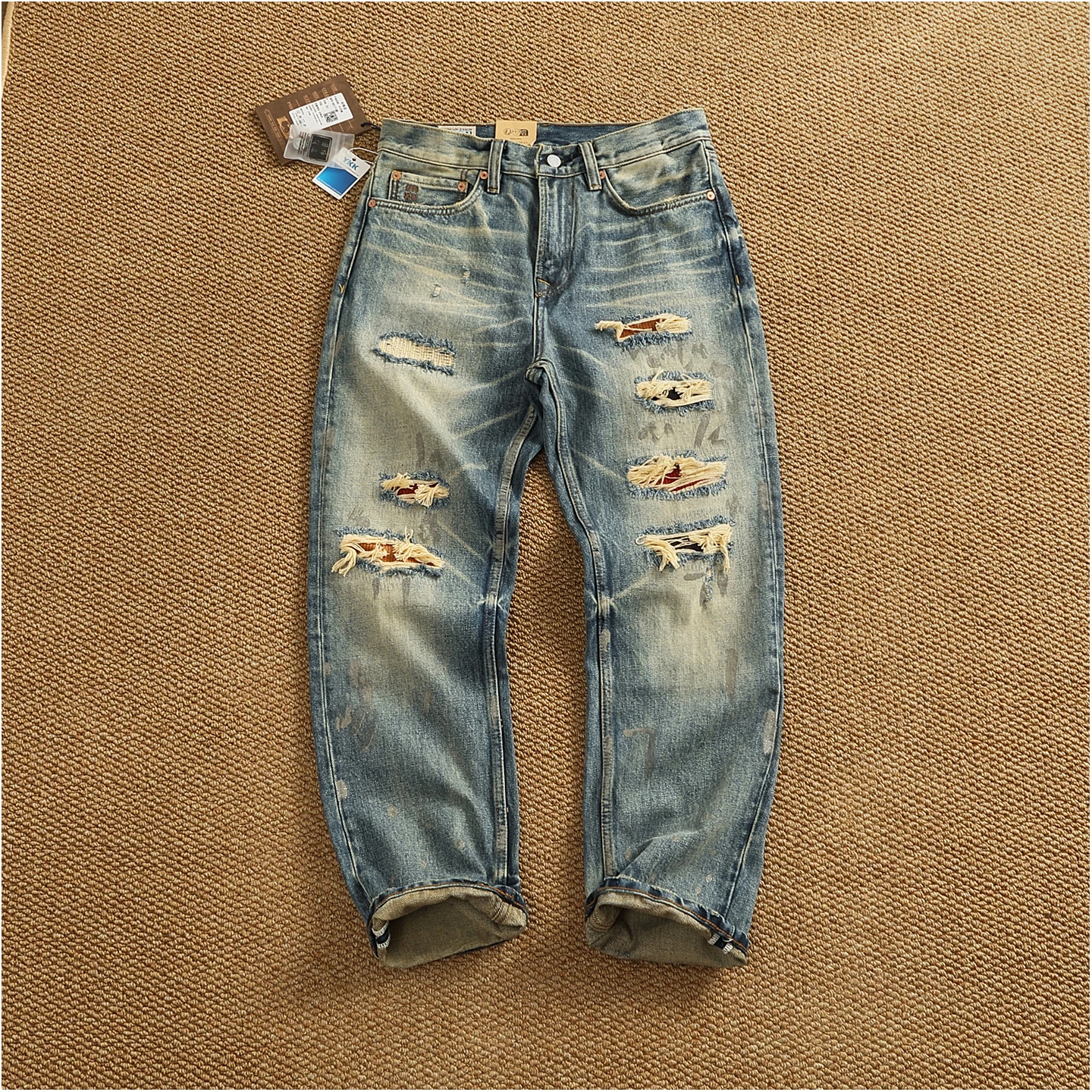 High Quality Heavyweight Denim Pants Men's High Street Trendy Patch-Distressed Whiskering Artisan Washed Tapered Straight Jeans