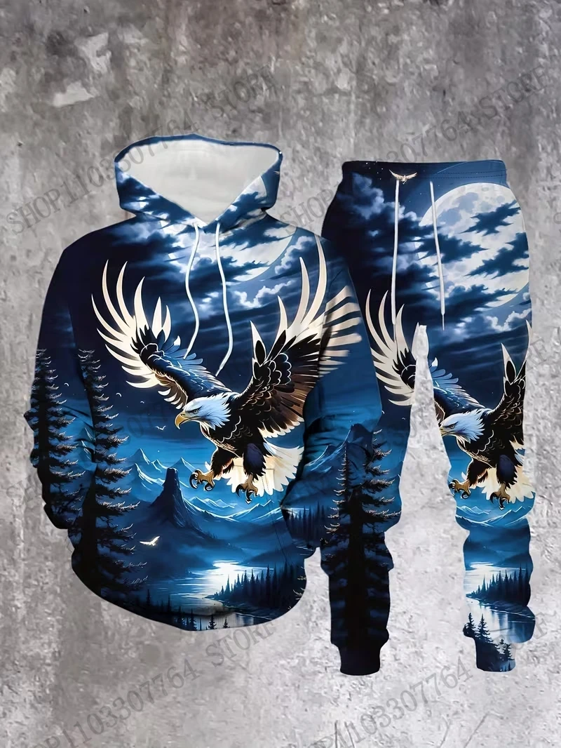 3D Printing Eagle - Sonbahar Kış Kapüşonlu Pantolon Takımı Uçan