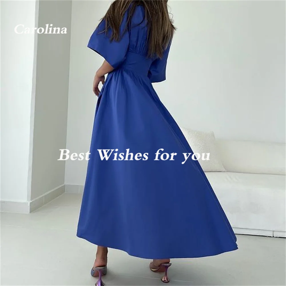 Carolina Elegant V-Neck Evening Dresses Blue Half Sleeves Open Back A-Line Simple Vintage Robe De Mariée Party Gown Women