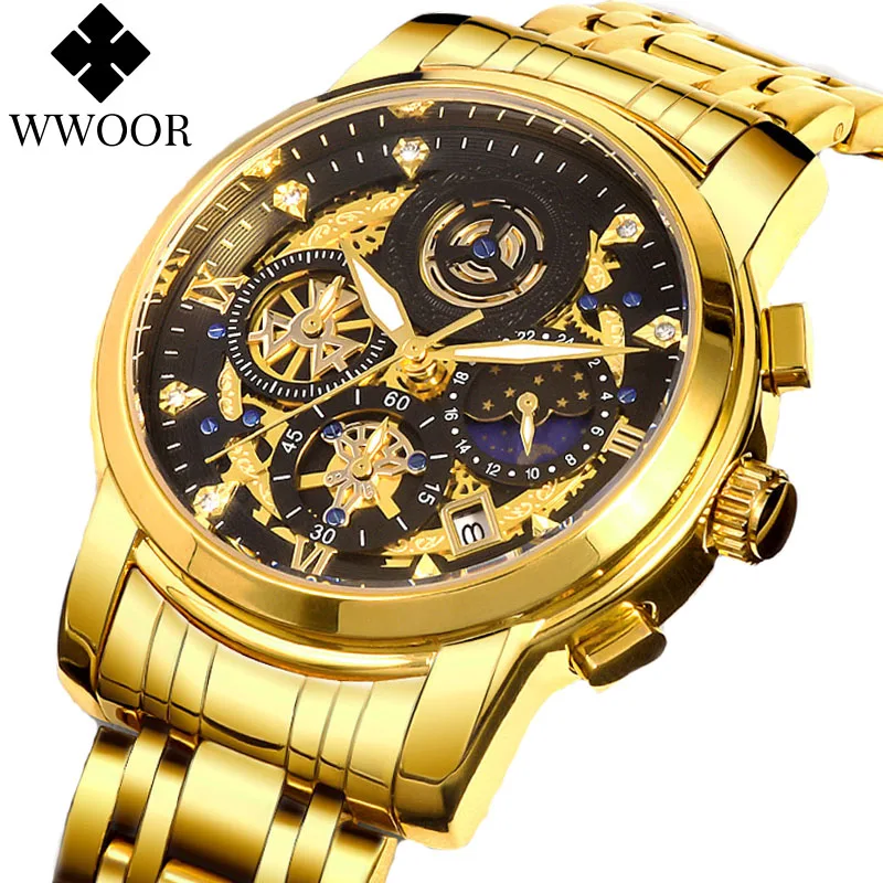 WWOOR 2024 New Fashion Design Mens Watches Top Brand Luxury Gold Stainless Steel Waterproof Sports Chronograph Relogio Masculino