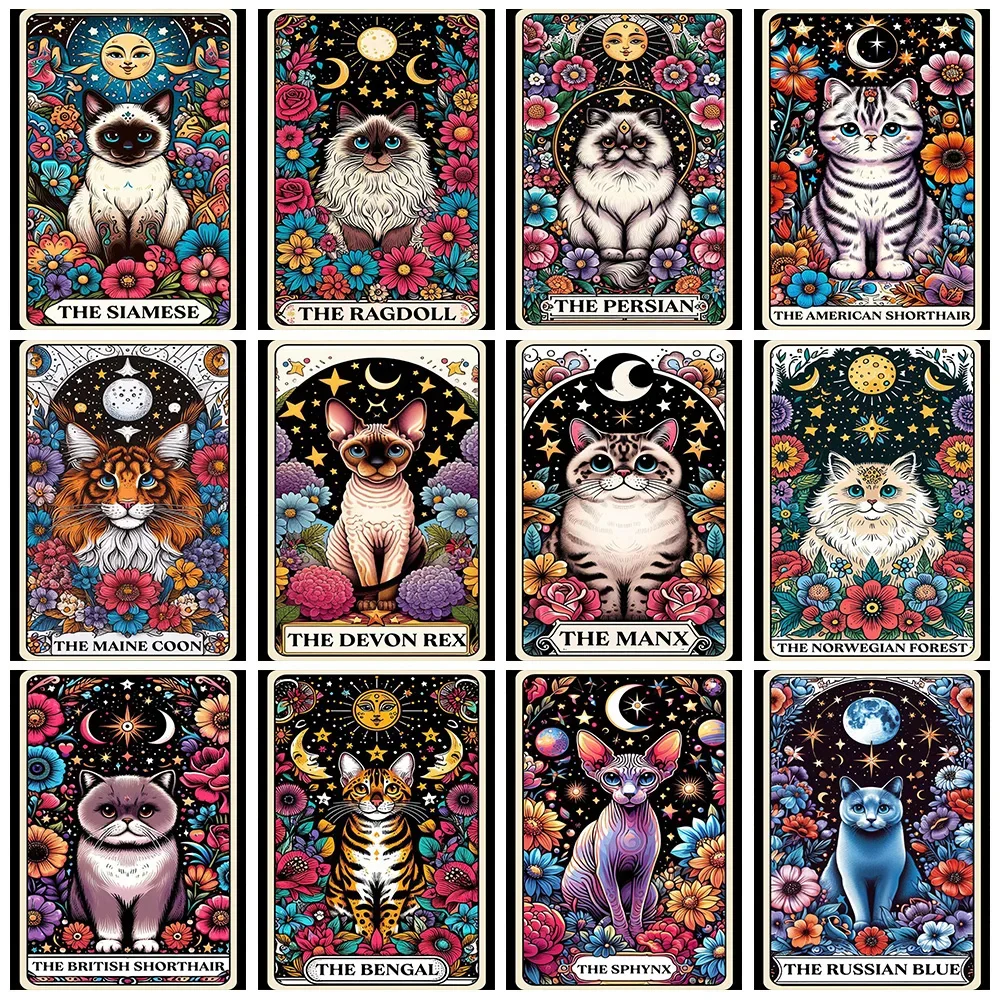 DIY Diamond Painting Tarot Card Cat Full Diamond Embroidery Cartoon Animal Flower Cross Stitch Set Art Home Decoration Gift