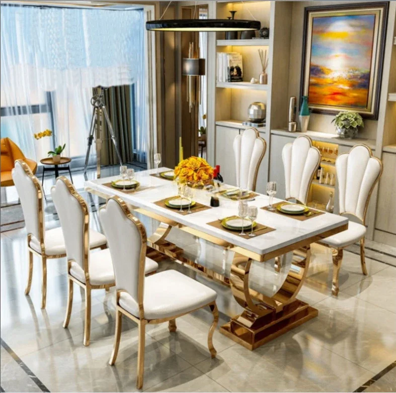 

Custom 240cm 180cm Modern Home Furniture Rectangle Luxury Real Natural Marble Top Dining Table Set