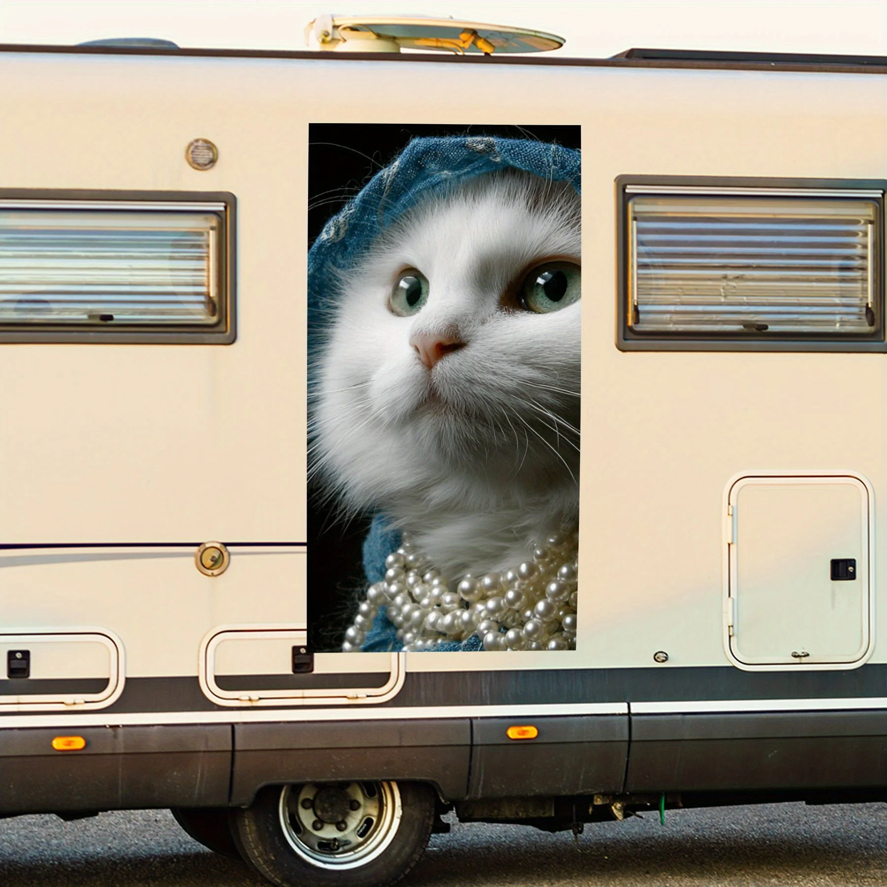

White Cat with Pearl Necklace and Headscarf Car Sticker,Waterproof Vinyl Decal for RV Side, Self - Adhesive Stickers to Decorate