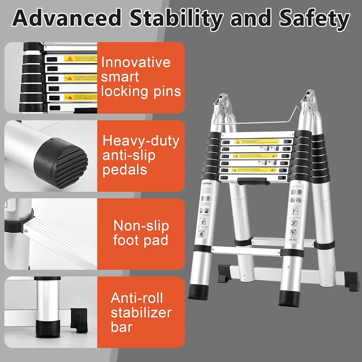 Telescoping Ladder A Frame 16.5Ft Aluminum with Stabilizer Bar, Silver