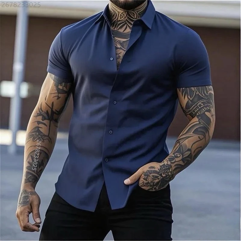 High quality men's fitness short-sleeved shirt, business casual solid color stretch thin sports shirt, comfortable fabric