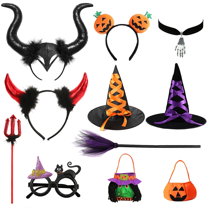 Children Halloween Party Accessories Dress Up Girls Witch Vampire Headbands Kids Witch Hat Broom Girl Black Headband