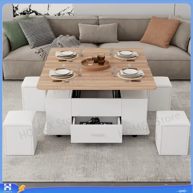 Lift Top Coffee Table with 4 Chairs Wheels Convertible Dining Workbench Hidden Storage Space Saving for Living Room Small