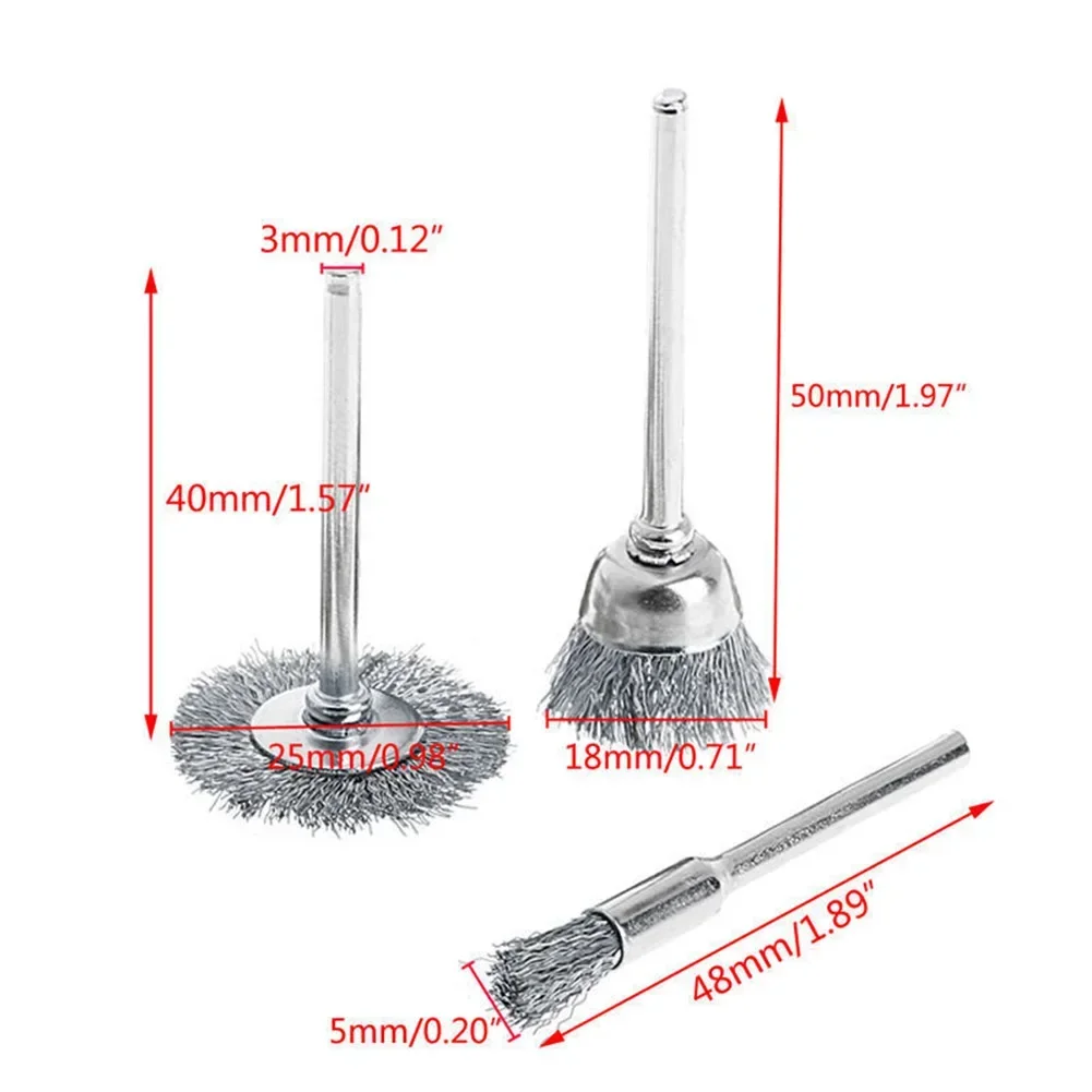 Imagem -06 - Rodas de Fio de Aço Escovas Broca Ferramentas Rotativas Remoção Ferrugem Metal Limpeza Polimento Escova Conjunto Derusting Moagem Ferramentas Manuais Peças