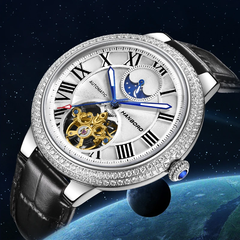 

HANBORO Spaceballs с бриллиантовым ободом, индивидуальный дизайн корпуса, скелетонизированный цветок, балансировочное колесо, мужские автоматические механические часы