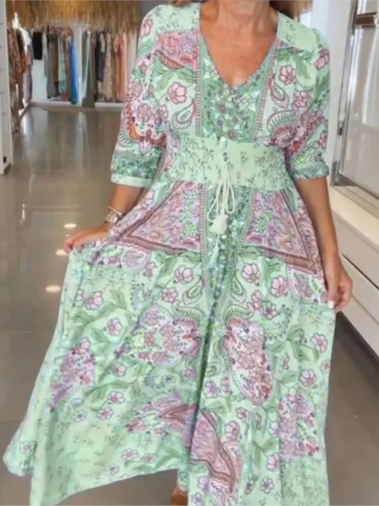 

2026 Spring Summer New Bohemian Women's A-line Dresses Fashion Printed V-neck Half Sleeve Elastic High Waist Elegant Long Skirt