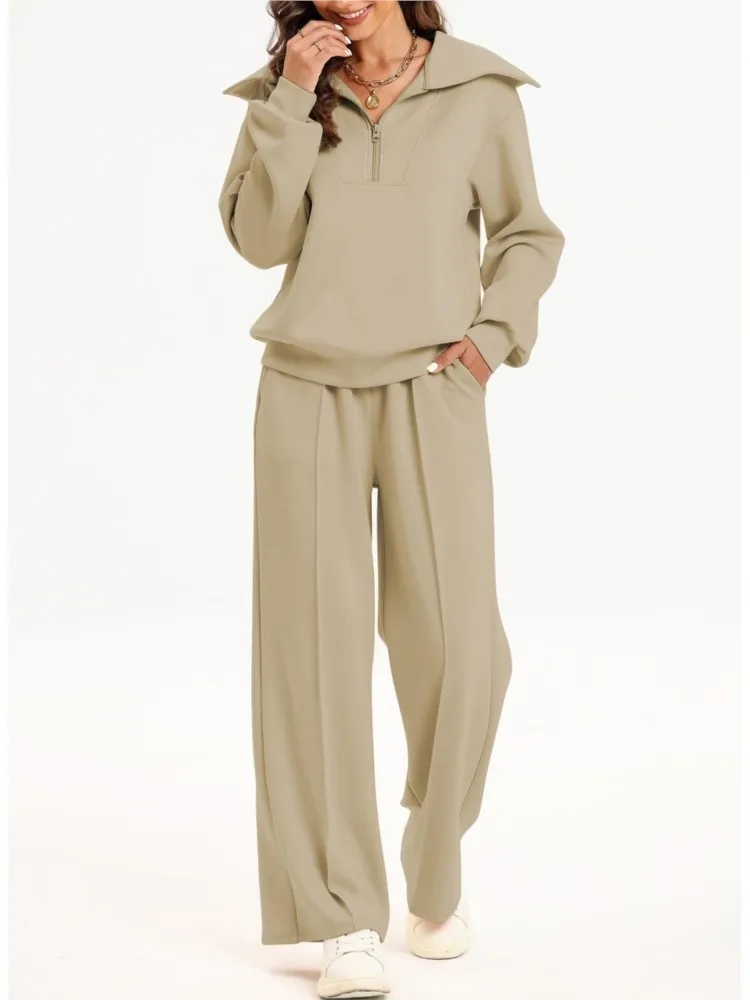 Casual Solid Color Sporty Style Pants Sets Women Fashion Zipper Long Sleeve Sweatshirt Wide Legs Trousers Two Piece Set Female