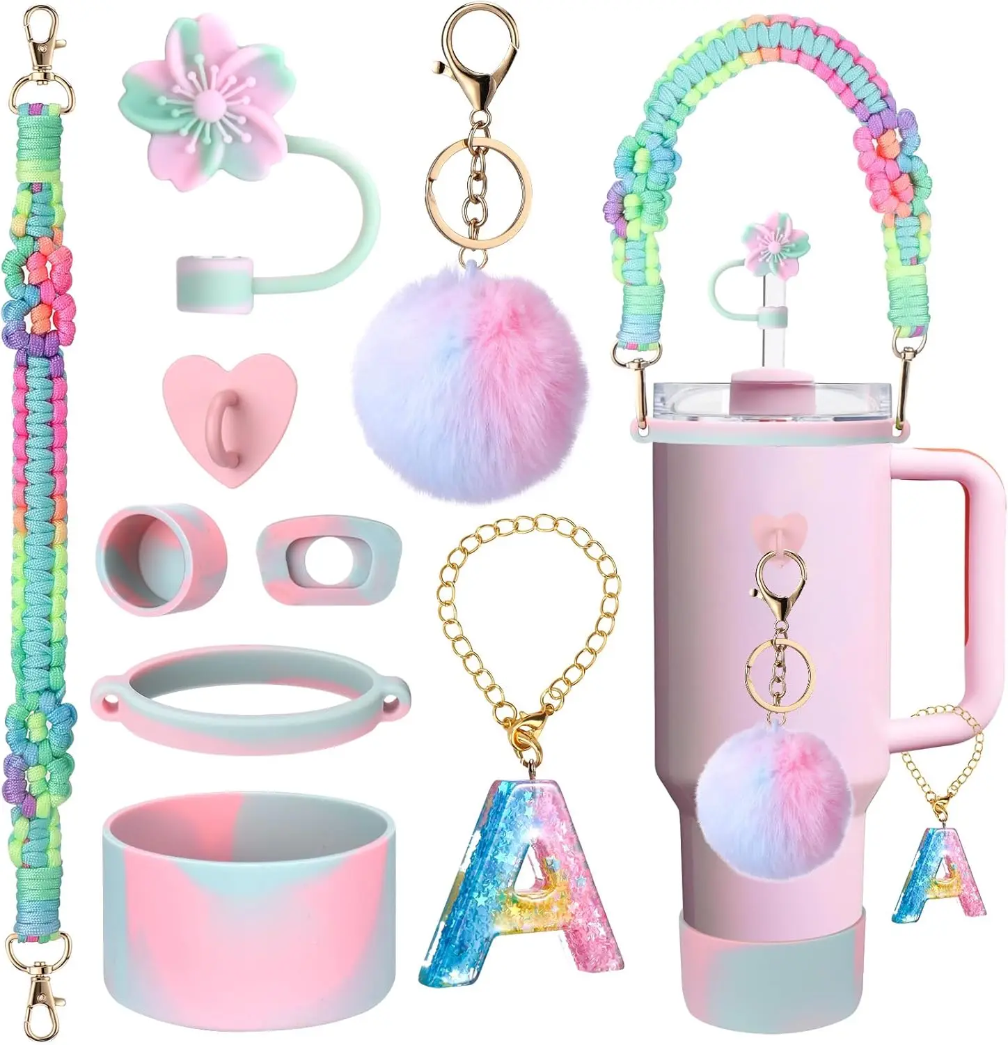9Pcs A-E Hand-made Straw Cap Case Charm Chain Pendant Set for Stanley Bottle Tumbler Siliocne Cup Boot Handle Cup Accessories