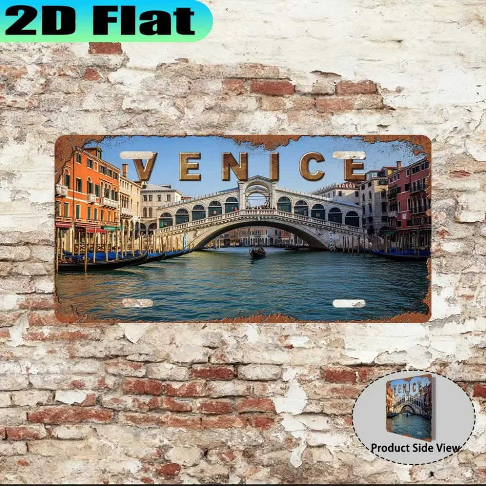 Italy Venice Canal City Rialto Bridge & Gondola Vintage 2D Flat Aluminum License Plate Style Sign Indoor Outdoor Wall Decor