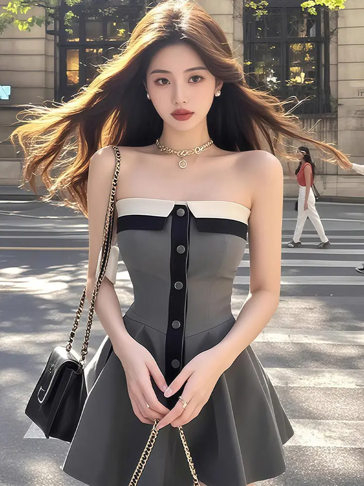 Damenkleid 2025, schulterfreies Kleid im neuen Design – Sommerliches, sexy Y2K-Mode-Taillen-Kleid in A-Linie