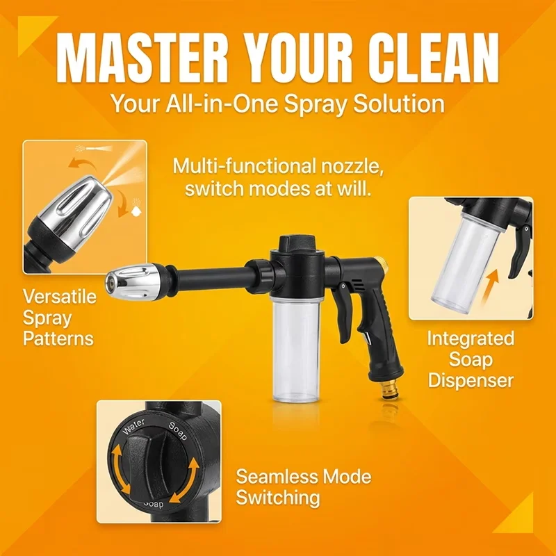 Multifunctional High Pressure Water Gun with Foam Bottle Long Nozzle Car Motorcycle Home Garden Cleaning Tool No Battery