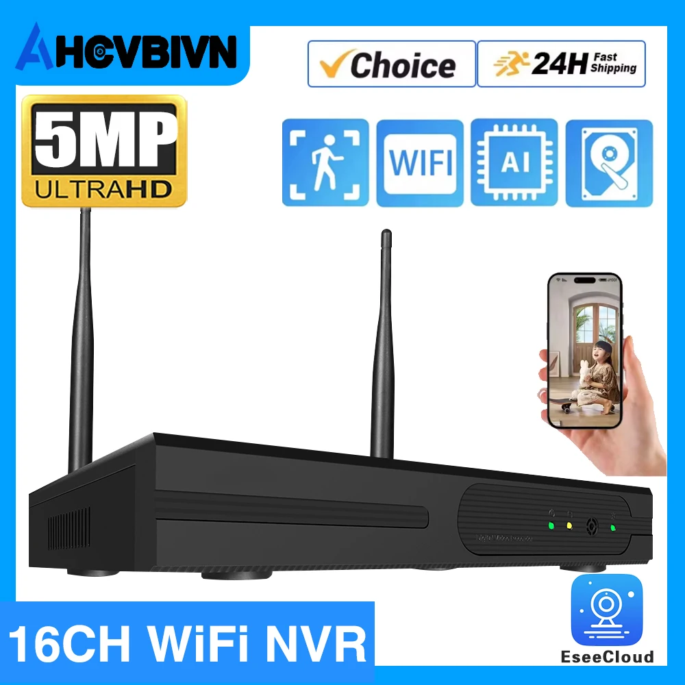 16CH H.265 5MP Wireless NVR Recorder Wifi CCTV Camera System P2P IP Camera Network Video Recorder NVR ESeeCloud APP