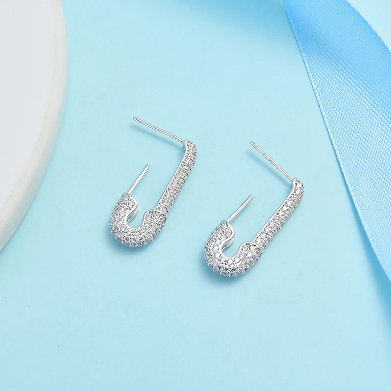 Dazzling Full Zircon Paved Pin Shape Copper Earrings Silver Color For Women Girls Lady Party Individuality Jewelry