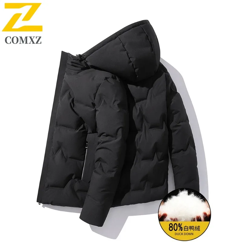 COMXZ Men Short Down Jacket  Classic Hooded Collar Korean Fashion Lightweight Down Coat Leisure Camping Thickened Warm Parka