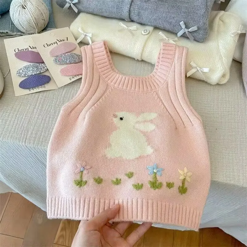 

Girls' Sweater Vest Autumn Winter New Children's Cartoon Rabbit Round Neck Warm Waistcoat Korean Kids Sleeveless Sweaters