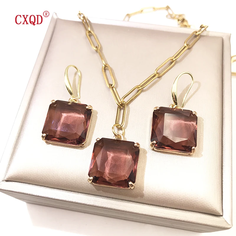 Colorful Clear Square Glass Pendant Necklace For Women Stainless Steel Chain Fashion Earrings Jewelry Original Accessories Set