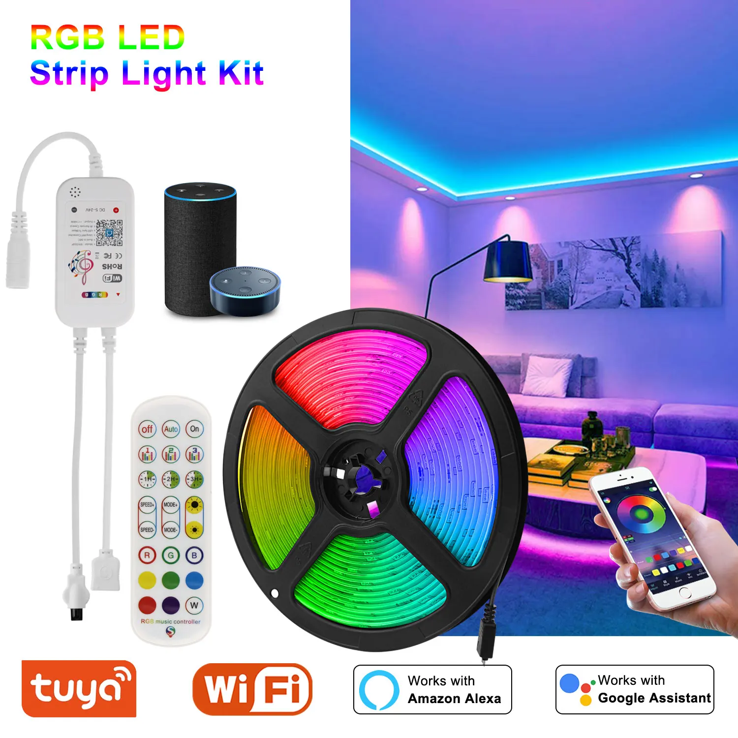 Taśma RGB 5m-20m Tuya WiFi Smart LED Strip DC 12V 5050 Ribbon Współpracuje ze sterowaniem głosowym Alexa Zmiana koloru Światło dekoracyjne do