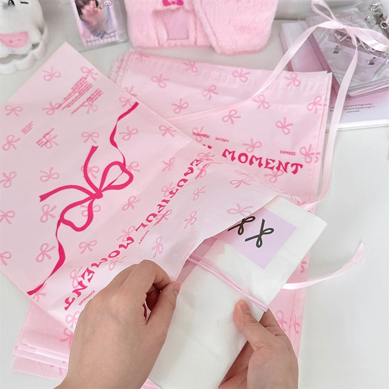 10Pcs Pink Plastic Courier Bags Bow Knot Printed Express Envelope Clothing Packing Shipping Envelopes Self Adhesive Mailing Bag