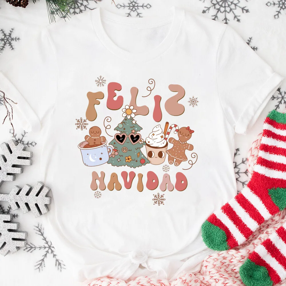 Feliz Natal das mulheres Camisa Estampada Espanhola, Outfit Tops, Camiseta de Manga Curta Feminina, Camiseta Retrô De Natal, Camiseta De Férias