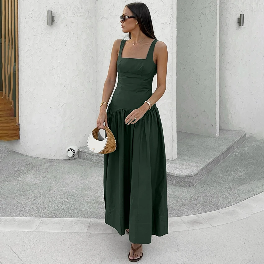 

Linad элегантное длинное платье на тонких бретельках, лето 2024, зеленое повседневное прямое платье для женщин, уличные платья с высокой талией, женские
