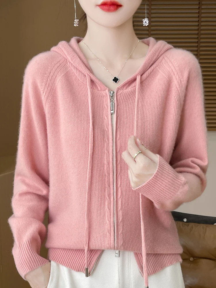 New Women\'s Zipper Hoodie Cardigan 100% Merino Wool Sweater Simple Casual Style Sweater Autumn Winter Korean Popular Clothing