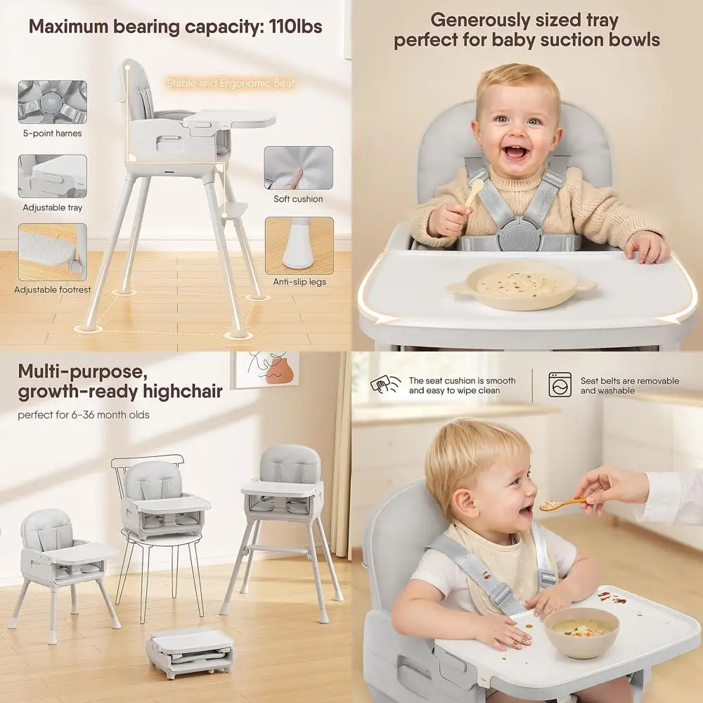 

Кресло-трансформер для кормления малышей, легко моется и подходит для мытья в посудомоечной машине, регулируемое, серое