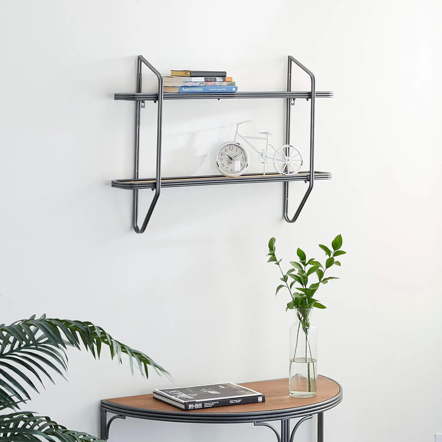 Rectangular Silver Metal and Wood 2-Tier Wall Shelf 32