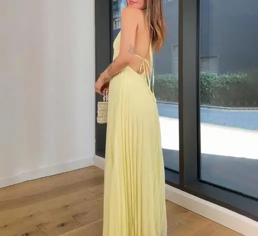 

Womens Dresses 2025 Spring Summer New Solid Color Sleeveless V-Neck Hanging Necksexy Backless High Waist Casual Pleated Dress