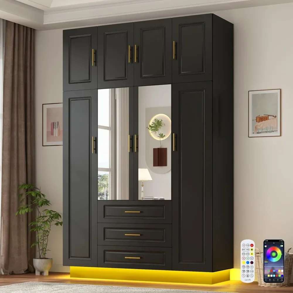 

Large Wardrobe with Drawers and LED Lights, Large Storage 4-door Wardrobe with Bedroom Top Cabinet, Wardrobe
