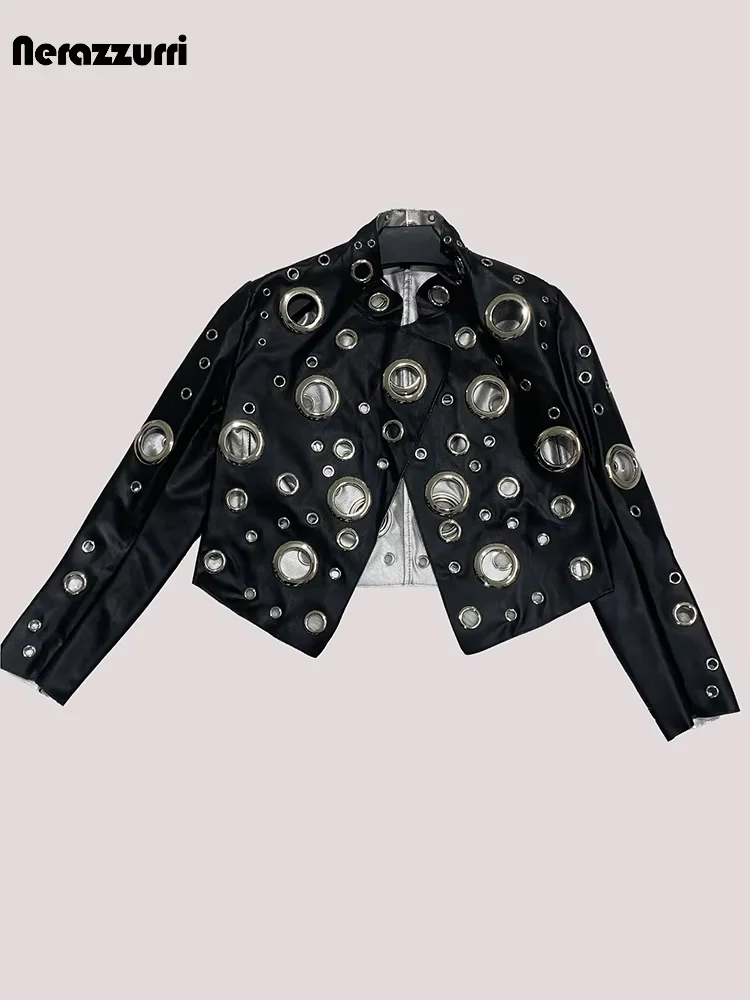 Nerazzurriฤดูใบไม้ร่วงสั้นHollow Out Patchworkสั้นPuหนังแจ็คเก็ตผู้หญิงPlusขนาดLuxury Designer Punkสไตล์Streetwear 5xl