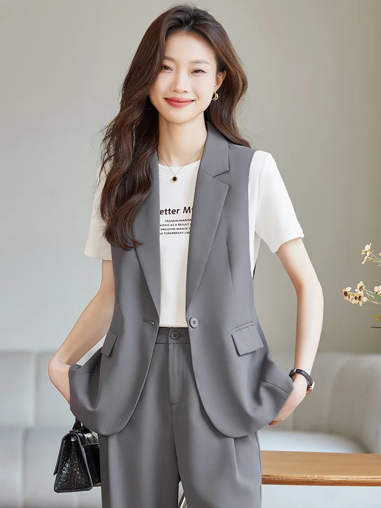 Black sleeveless suit vest for women, summer thin style2025New casual outerwear vest set for petite individuals