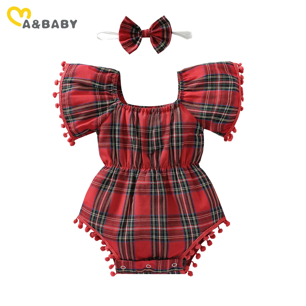 

ma&baby 0-24M Christmas Newborn Baby Girl Romper Plaid Print Pom pom Jumpsuit Headband Xmas Costumes Outfits