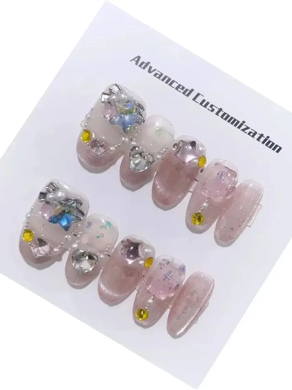 Emmabeauty Princess Różowy Rhinestone Odpinany Wielokrotnego Użytku Wysokiej Jakości Elegancki Luksusowy Wybielający Ręcznie Robiony Naciśnij na Paznokcie. Nr E500