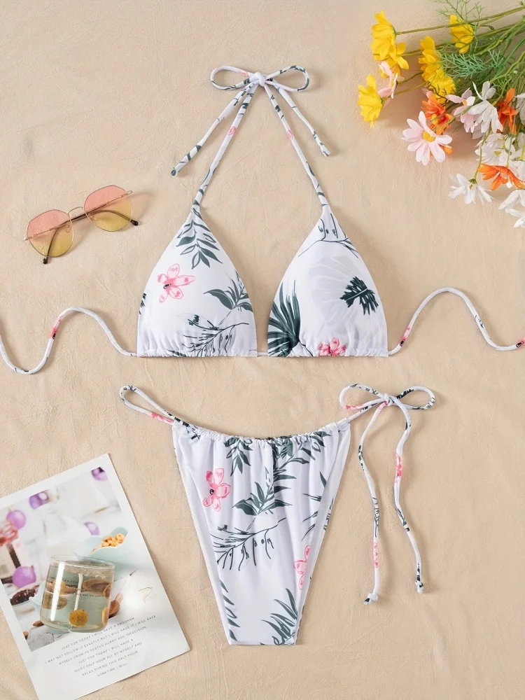 Bikini Women Swimsuit 2025 New Print Halter Bikinis Set Sexy Lace Up Swimwear Summer Two Piece Beachwear Bathing Suit For Female
