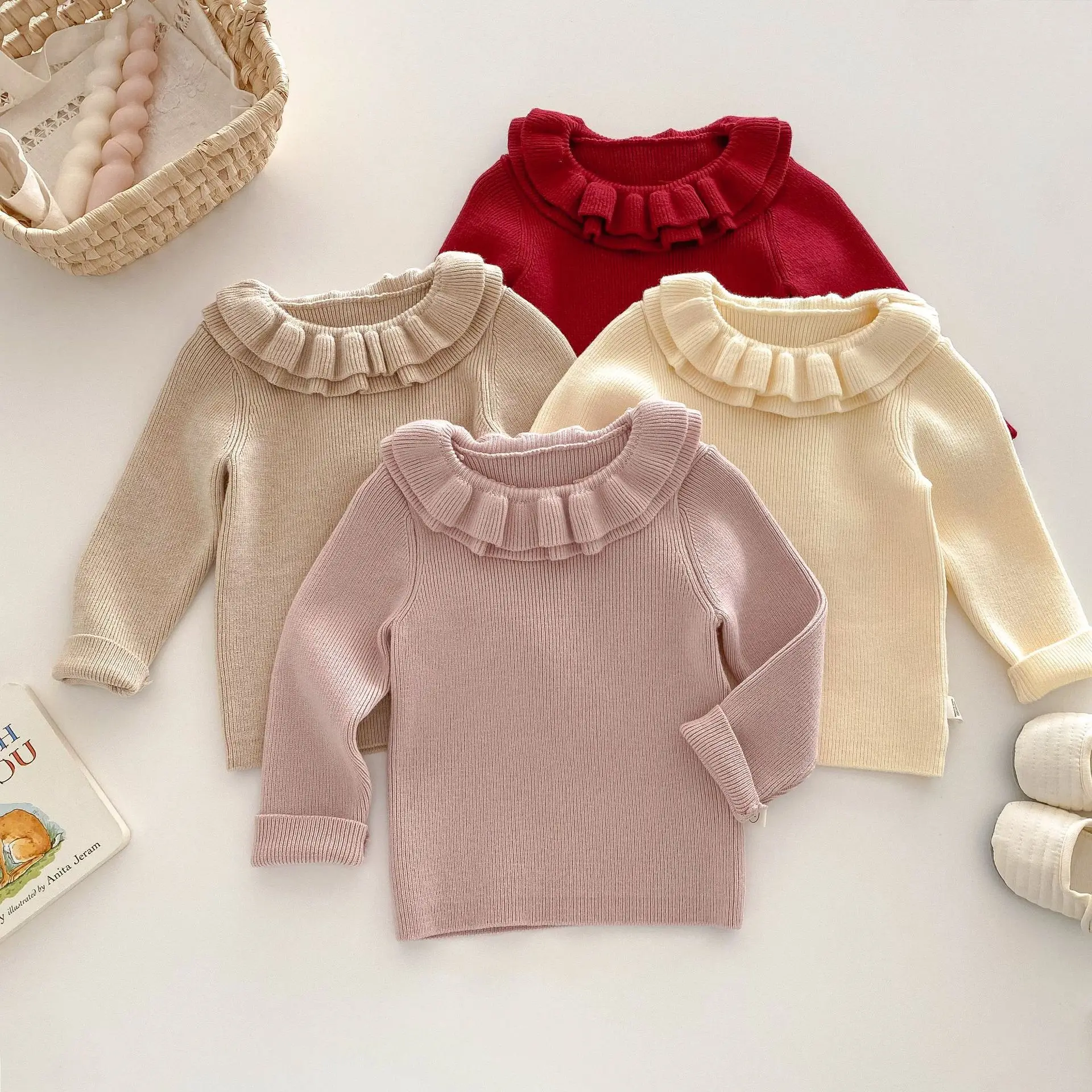

Autumn Winter Toddler Knit Sweater Girls Ruffled Collar Top Viscose Thickened Clothes for 0-5Y Baby Girls Warm Pullover