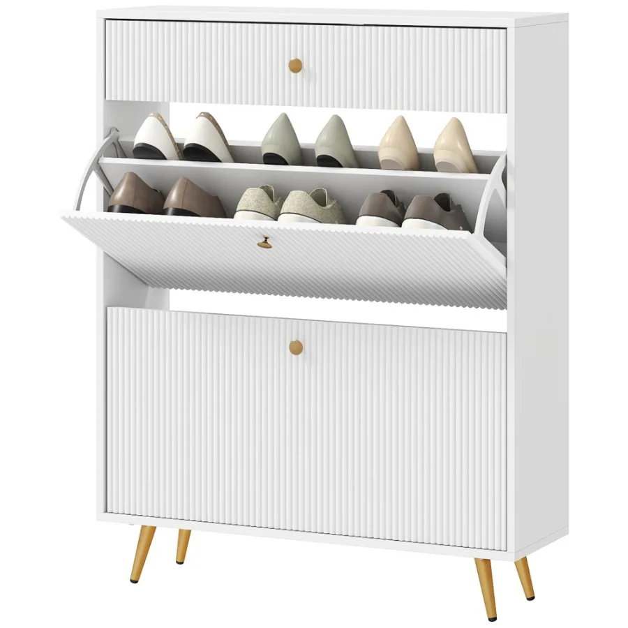

HOMCOM Narrow Shoe Storage Cabinet with Wavelike Panels and Adjustable Shelves for 12 Pairs of Shoes White