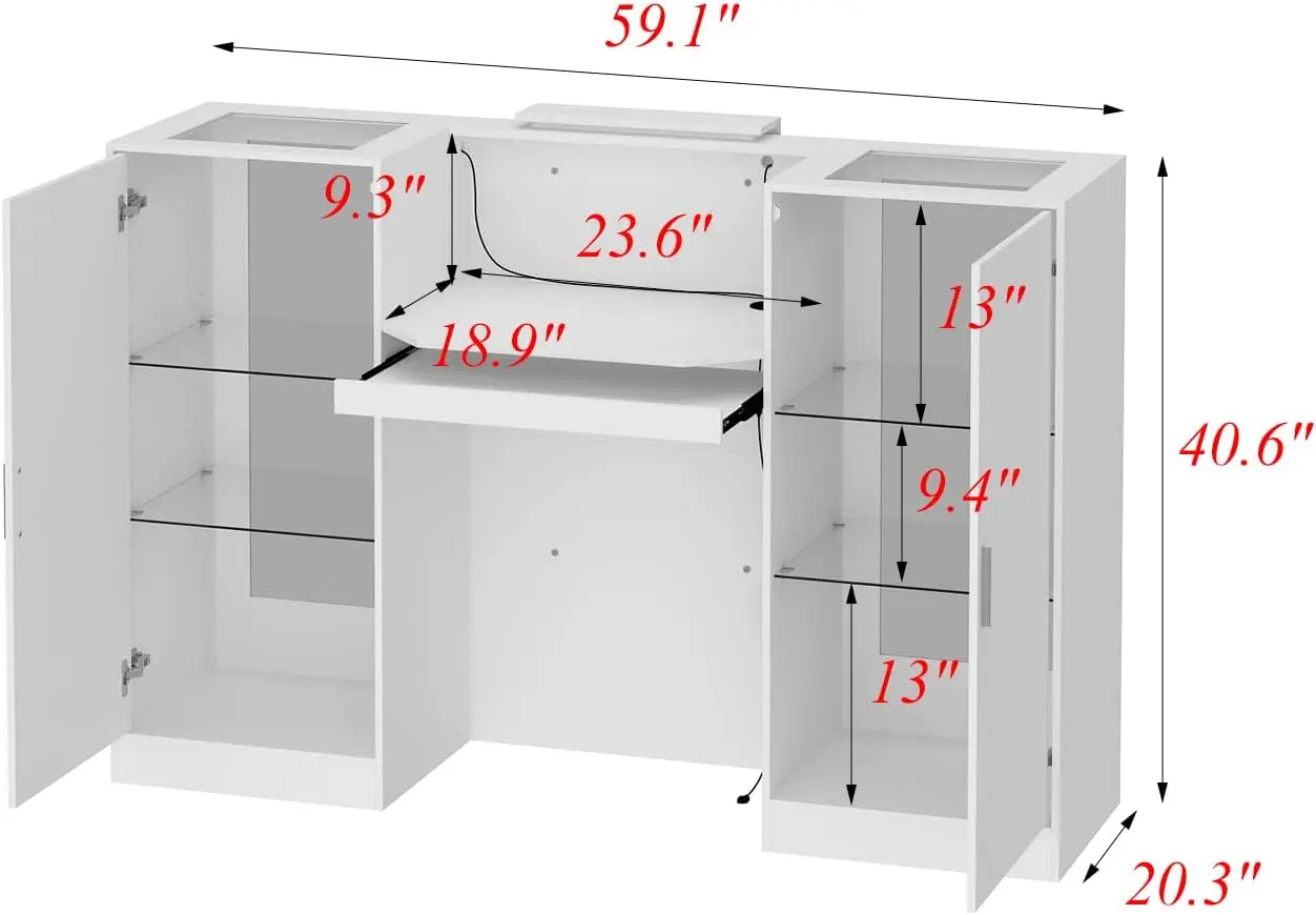 Reception Desk With Lights, Front Counter Table With Glass Shelves, Keyboard Tray, Reception Table, Counter Desk For Checkout,
