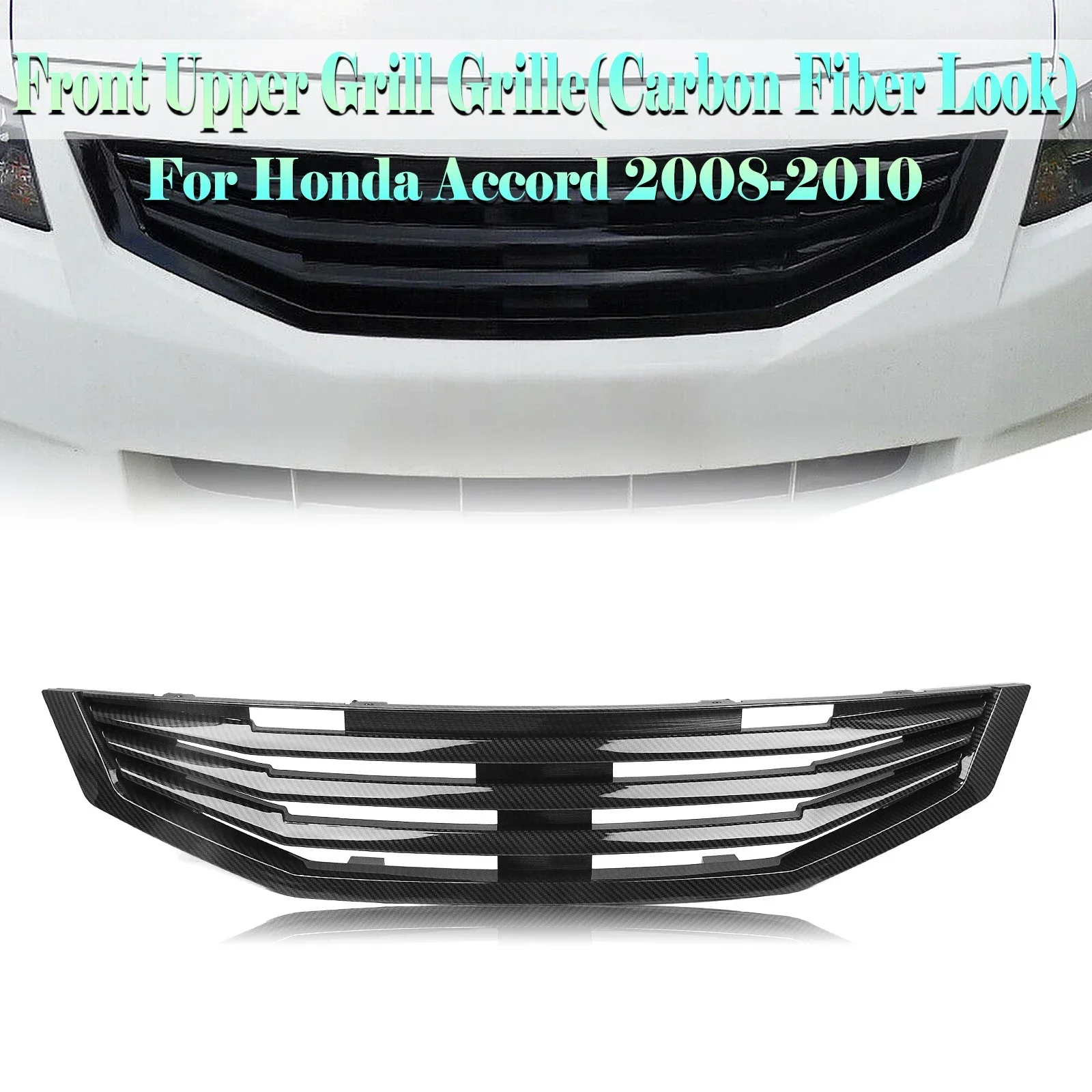 

New！ Front Grille Grill For Honda Accord 2 Door Coupe 2008 2009 2010 Gloss Black/Carbon Fiber Look Car Upper Bumper Hood Mesh Gr