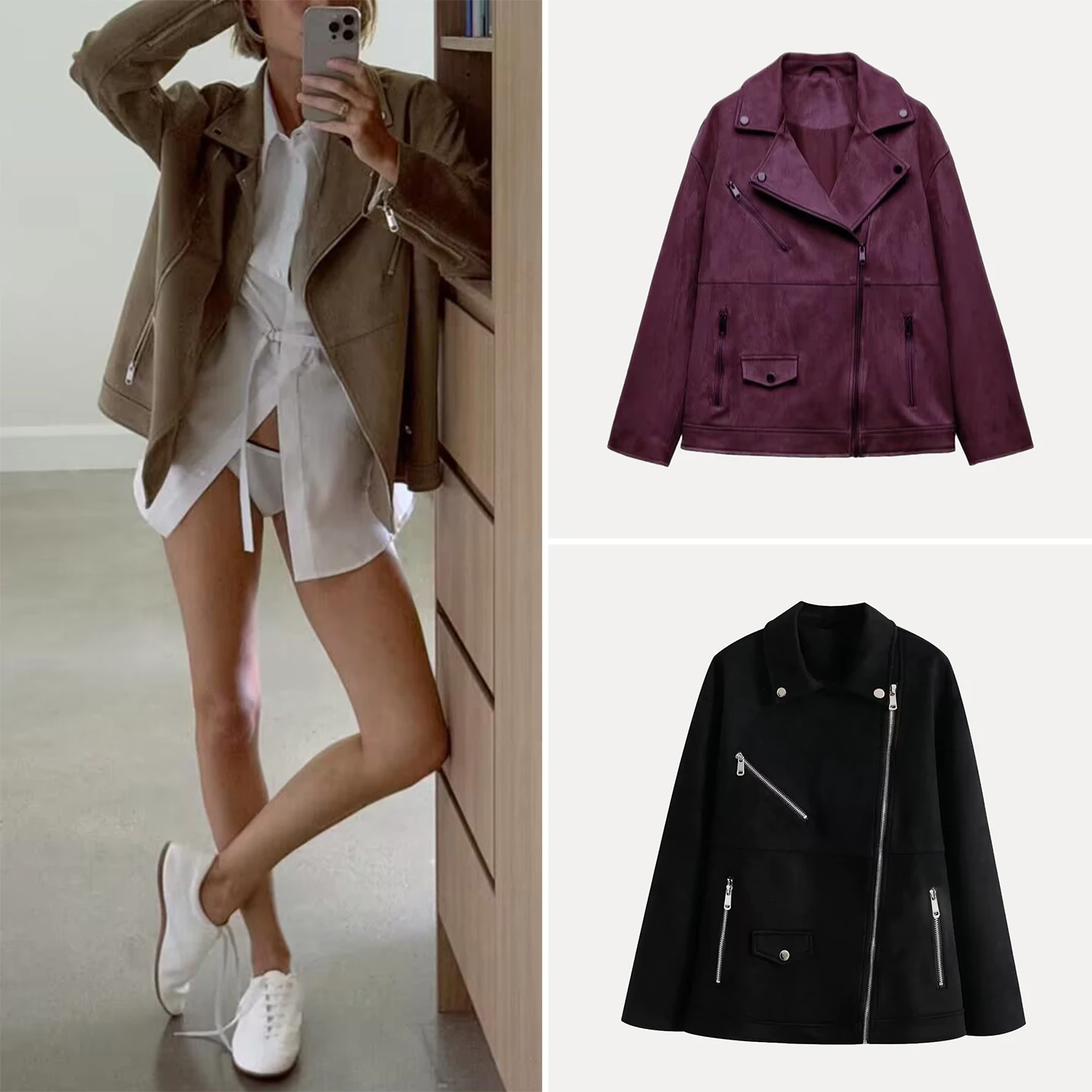 

Faionable Motorcycle Sle Jaet Coat Women's Spring Summer Breathable Polyester Fiber Long Sve Zipper Closure Suit