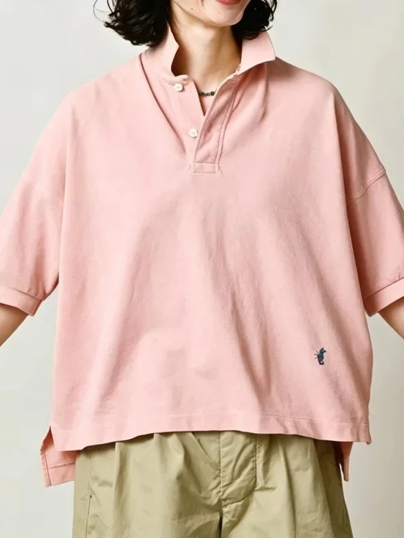 Summer 2026 Casual Style Breathable Cotton  Shirt Women's Loose Fit Short Sleeve Embroidered Flip Collar T-Shirt