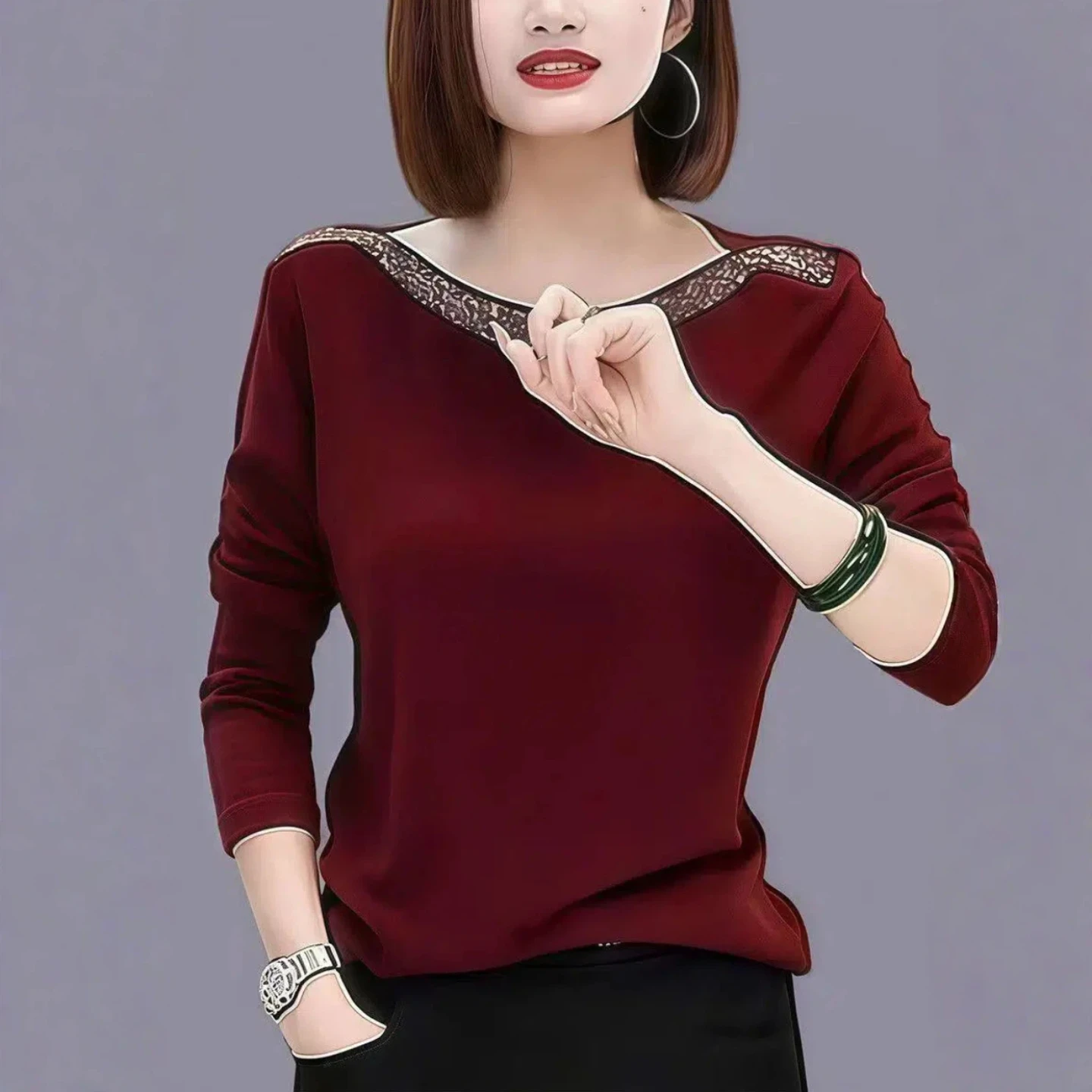 Long Sleeve T-Shirt Women's Casual Velvet Collar One-Shoulder Diamond-Embellished Slimming Fashionable Top Commute Style