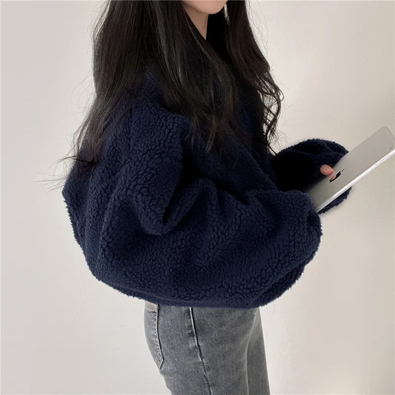 Koreanischer Stil Stehkragen-Hoodie mit Reißverschluss Übergroßer Damen-Hoodie für Herbst/Winter Lammwolle Langarm-Freizeitoberteil Y2K Streetwear-Stil – Detail 10