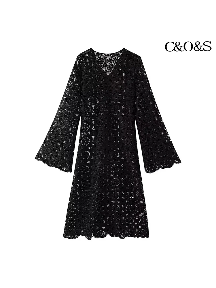 C&O&S Moda damska Sexy Hollow Out Design Solid Color See Through Midi Dress New Lace Embroidery V-Neck Long Sleeve Dresses