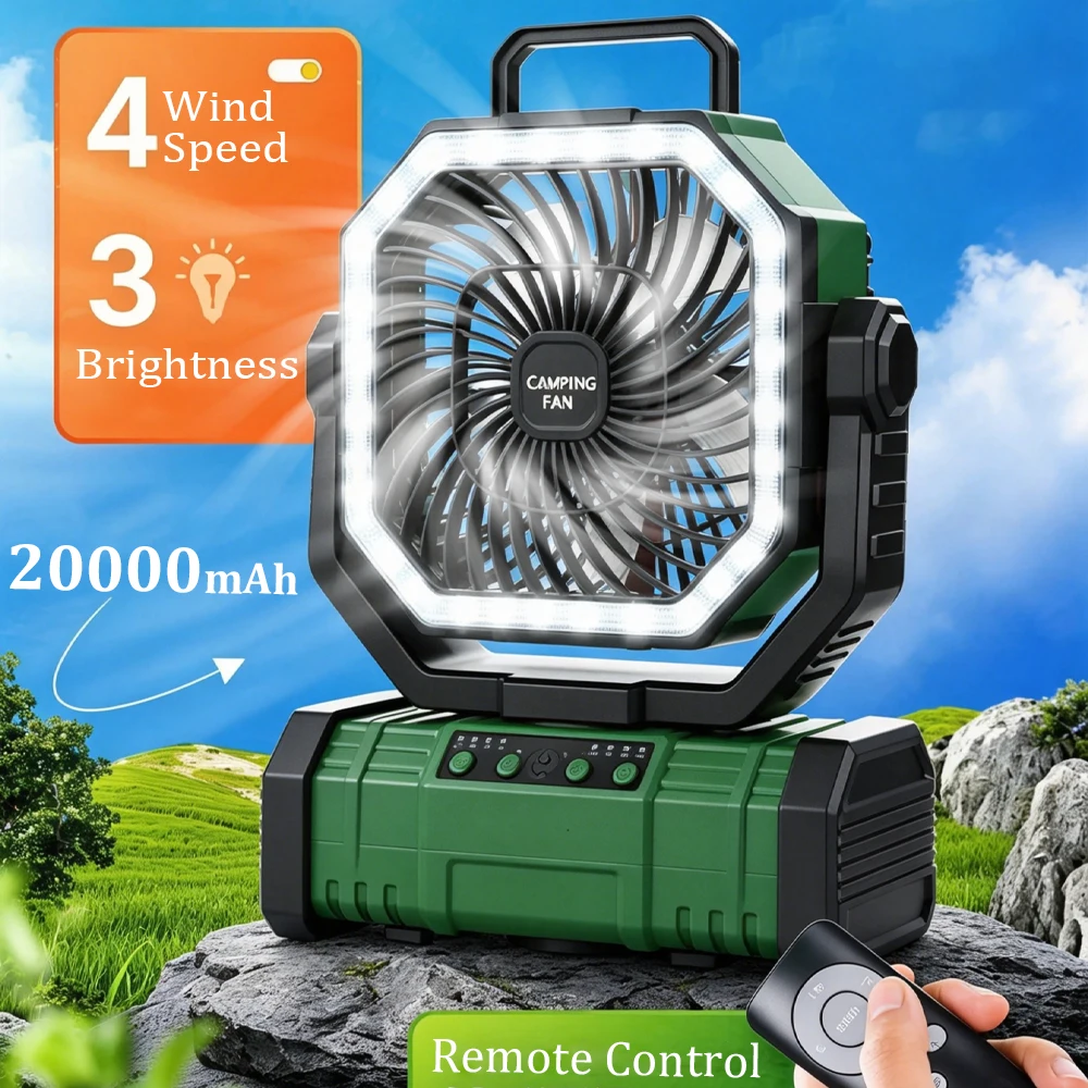 

Вентилятор для кемпинга с аккумулятором 20000 мАч, перезаряжаемый, 4 скорости, со светодиодным фонарем – подвесной портативный уличный вентилятор для палаток
