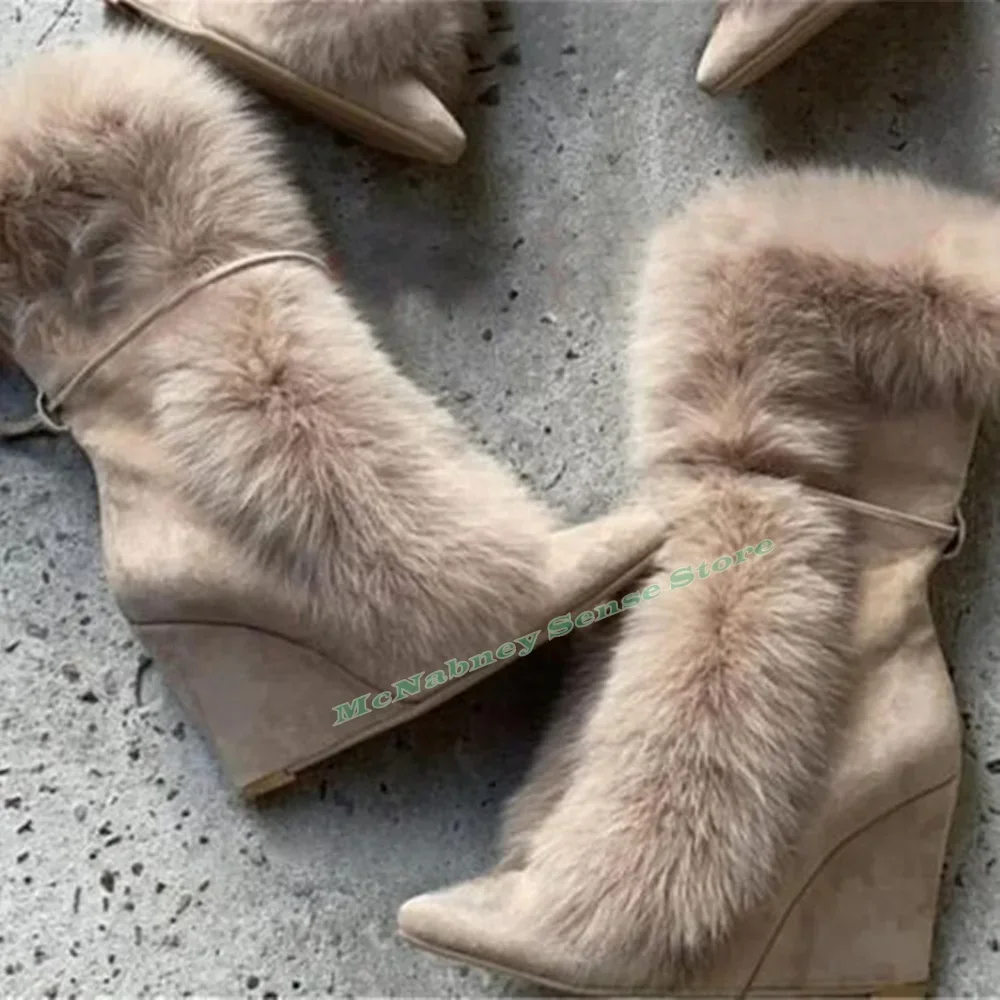 Suede Pointed Toe Boots Wedges High Heels Solid Fur Lace Up Straps Mid Calf Boots Women Winter Shoes Warm Big Size Designer New