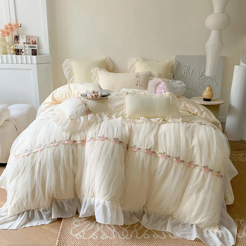 

Romantic Princess Bedding Set France Style Chiffon Lace Flowers Embroidery Duvet Cover Bed Sheet Pillowcases Home Textile